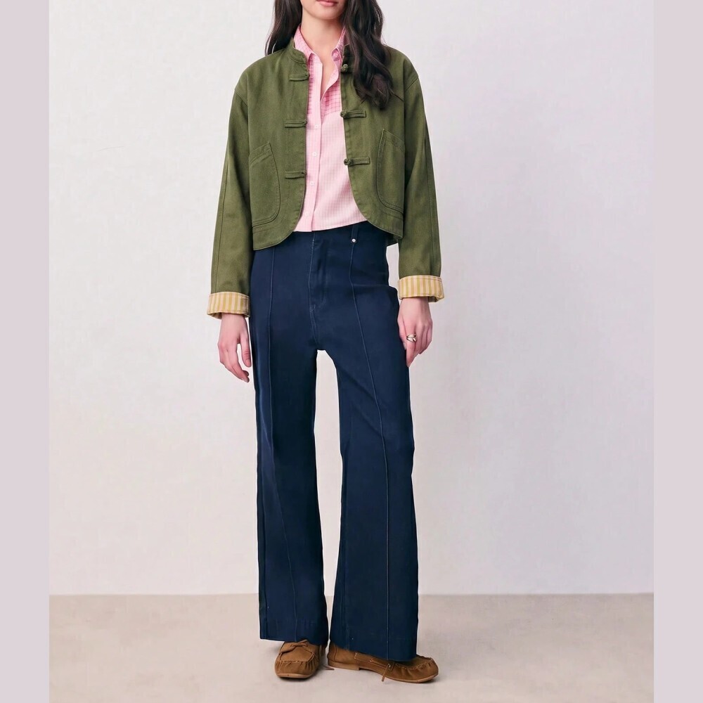 Olive Green Round Denim Jacket with Frog Button Closures - Picture 5 of 7